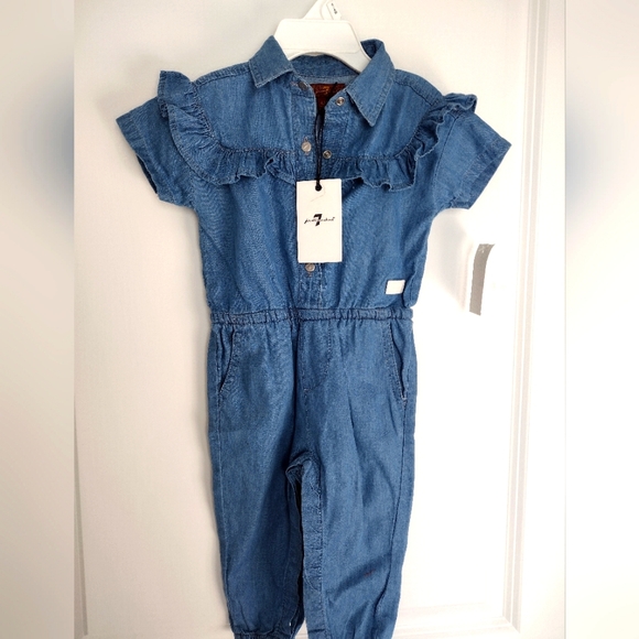 🩷 7 For All ManKind NWT Denim Ruffle Jumpsuit 12 M - Picture 1 of 7